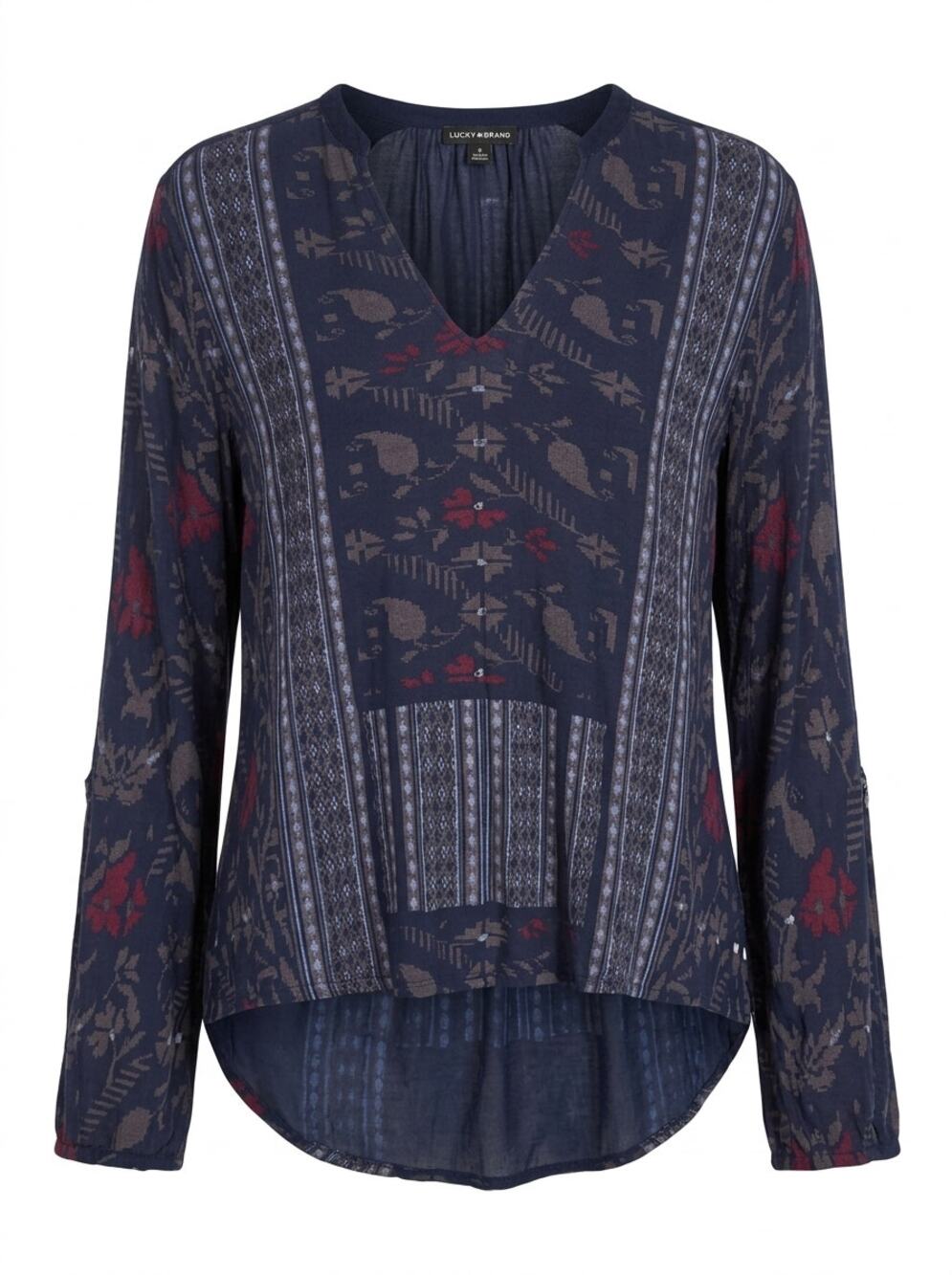 Lucky Brand Blue Knit Paisley Embroidered V-Neck Blouse Women Size M